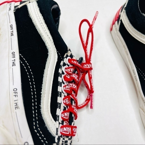 Vans Old Skool Black Suede & Checkerboard Disarray Sneakers with Red Laces - Picture 4 of 14